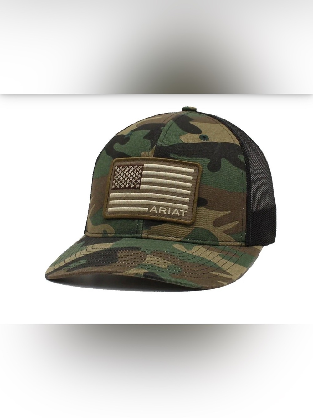 Ariat Trucker Hat Camo Mesh Snapback Embroidered USA Flag and Arita Patch Logo
